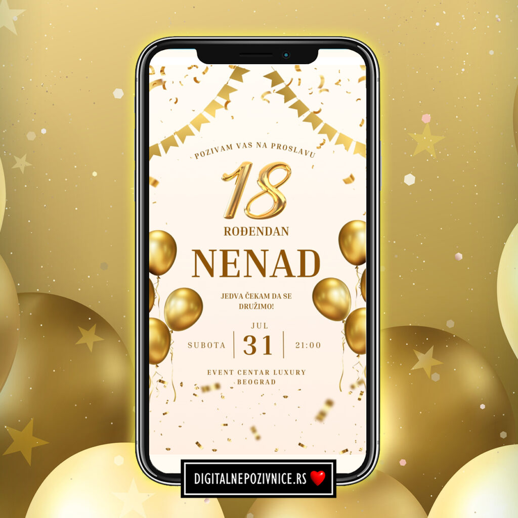 digitalna pozivnica za 18. rodjendan zlatni baloni