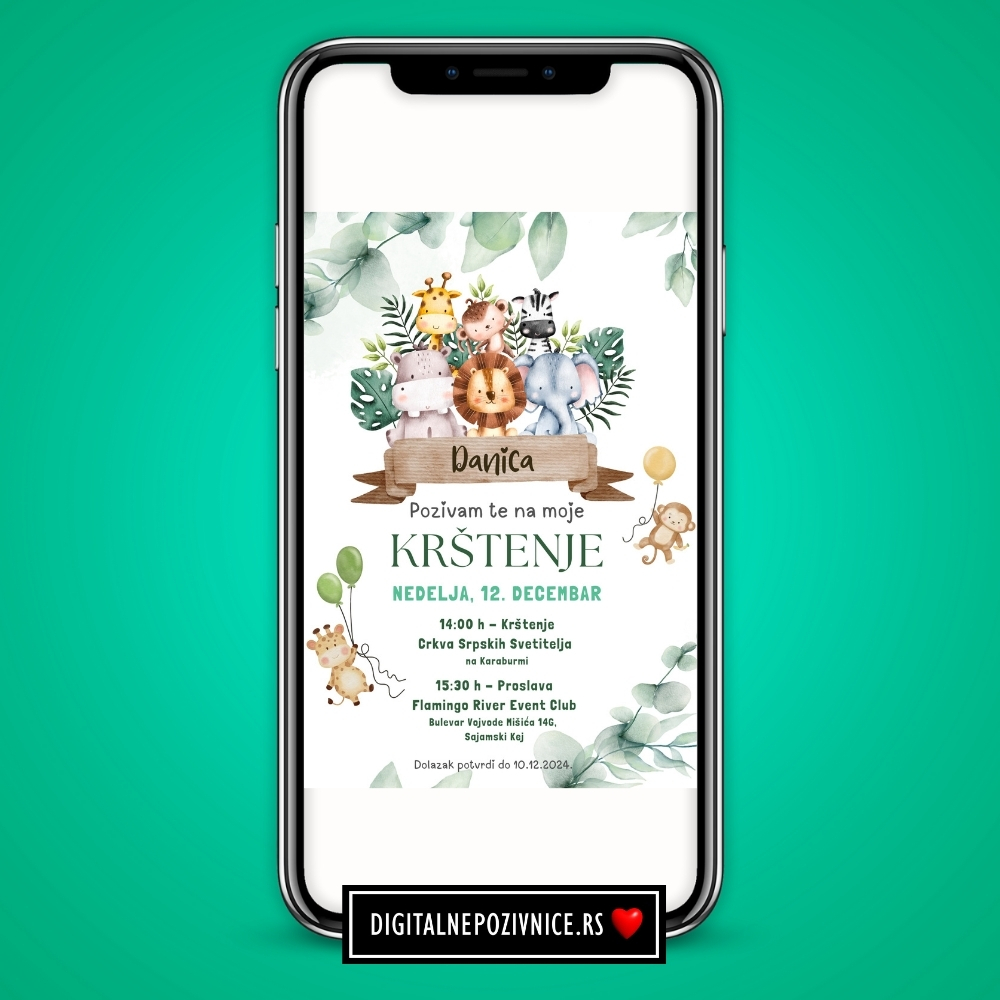 Digitalna pozivnica za krstenje i prvi rodjendan dzungla, safari