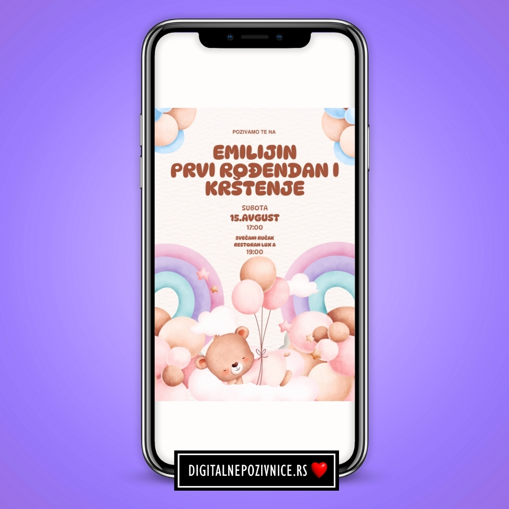 Digitalna pozivnica za krstenje i prvi rodjendan medica za devojcice