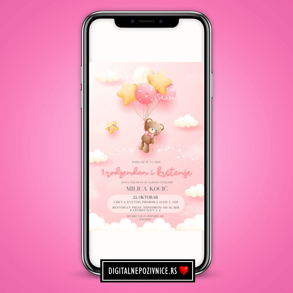 Digitalna pozivnica za krstenje i prvi rodjendan roze medica sa balonima