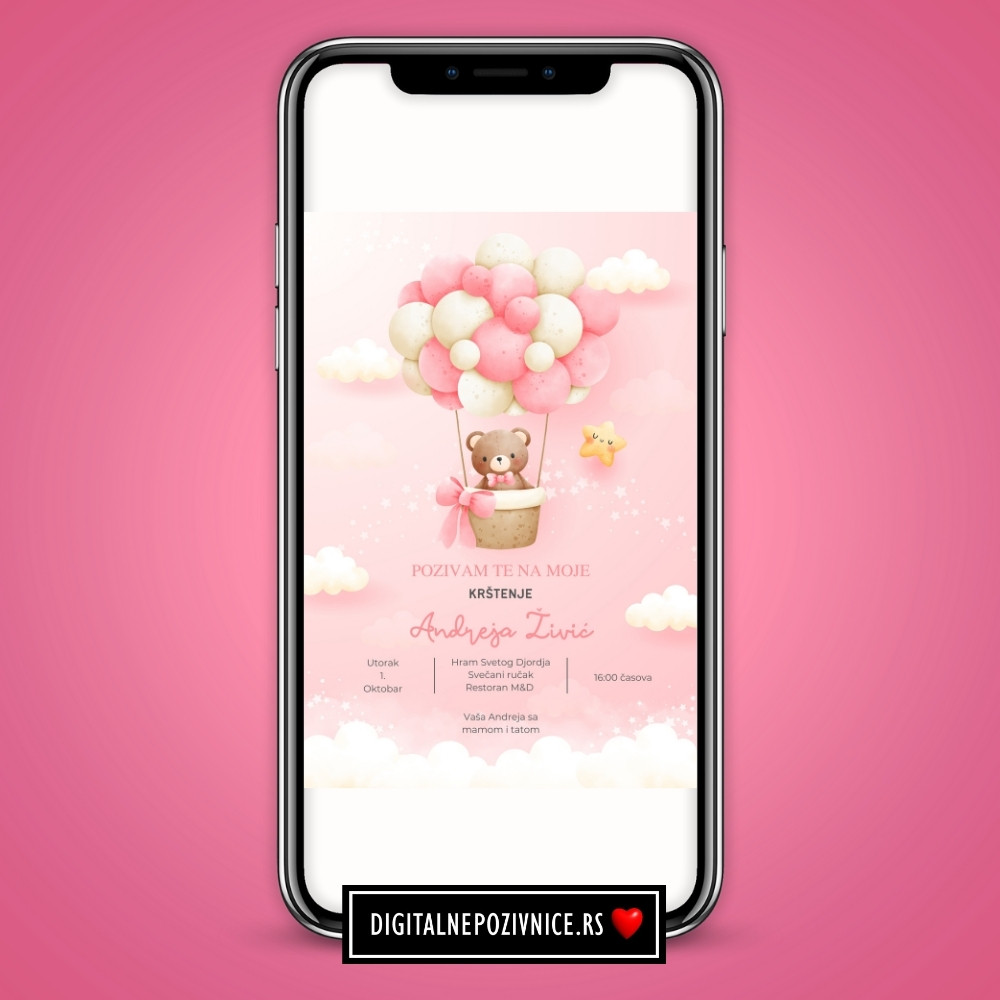 Digitalna pozivnica za krstenje i prvi rodjendan za devojcice meda sa balonima roze