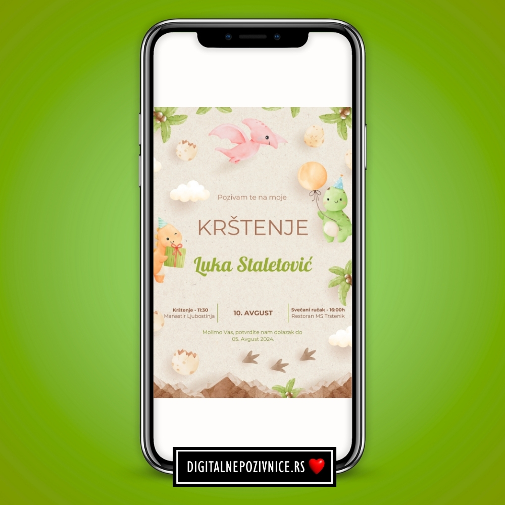Digitalna pozivnica za krstenje i prvi rodjendan za decake dino