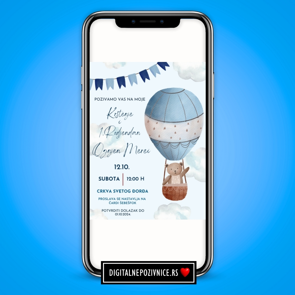 Digitalna pozivnica za krstenje i prvi rodjendan za decake meda balon