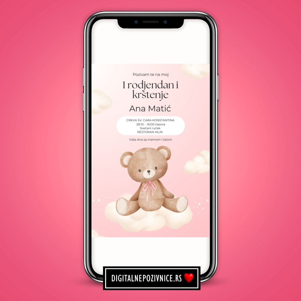 Digitalna pozivnica za krstenje i prvi rodjendan za devojcice meda roze