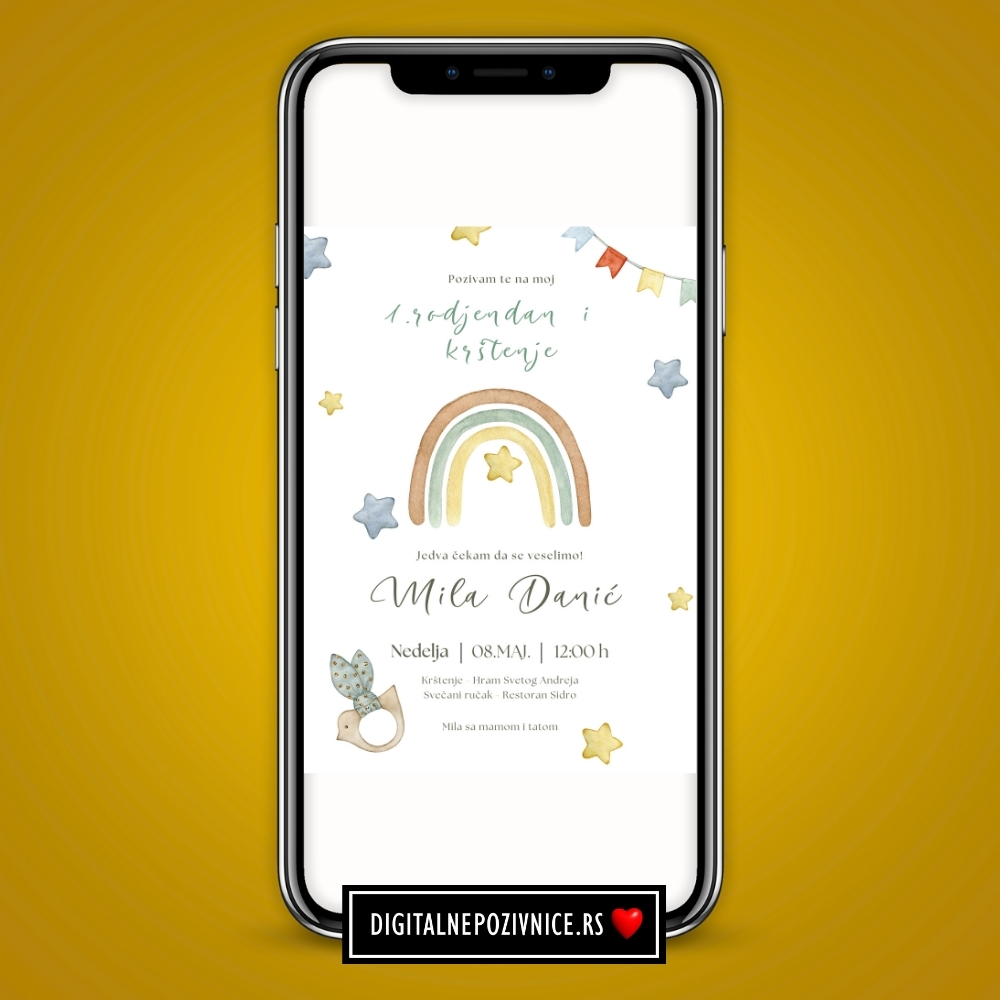 Digitalna pozivnica za krstenje i prvi rodjendan za devojcice duga, zvezdice