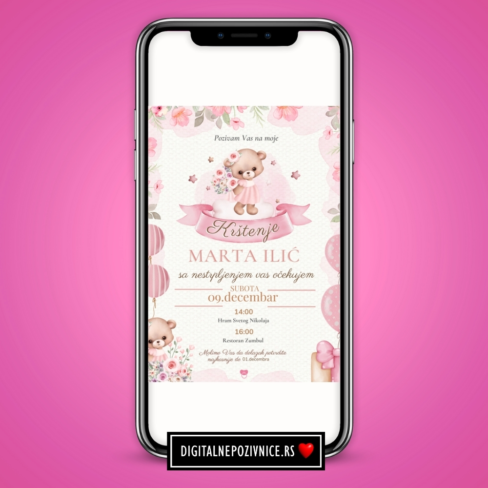 Digitalna pozivnica za krstenje i prvi rodjendan za devojcice meda roze i cvece