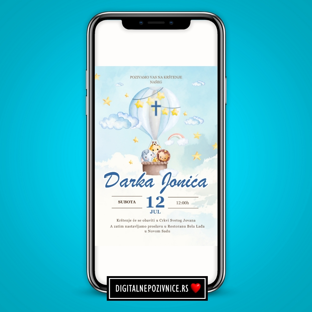 Digitalna pozivnica za krstenje i prvi rodjendan za decake medica i balon