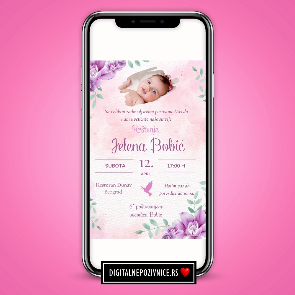 Digitalna pozivnica za krstenje i prvi rodjendan za devojcice sa slikom , roze