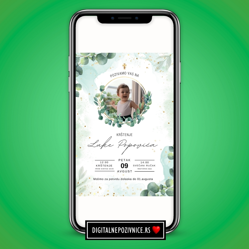 Digitalna pozivnica za krstenje i prvi rodjendan za decake sa slikom deteta zelena i lisce