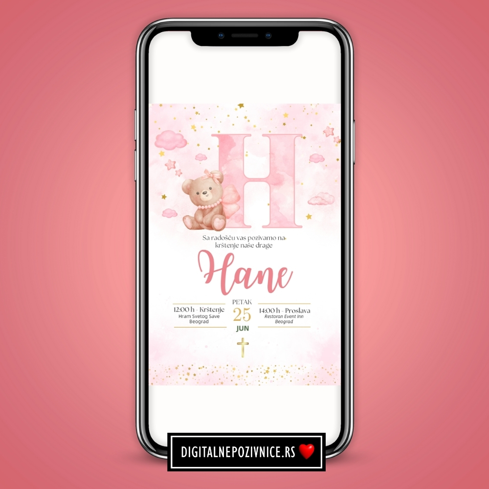 Digitalna pozivnica za krstenje i prvi rodjendan za devojcice meda roze