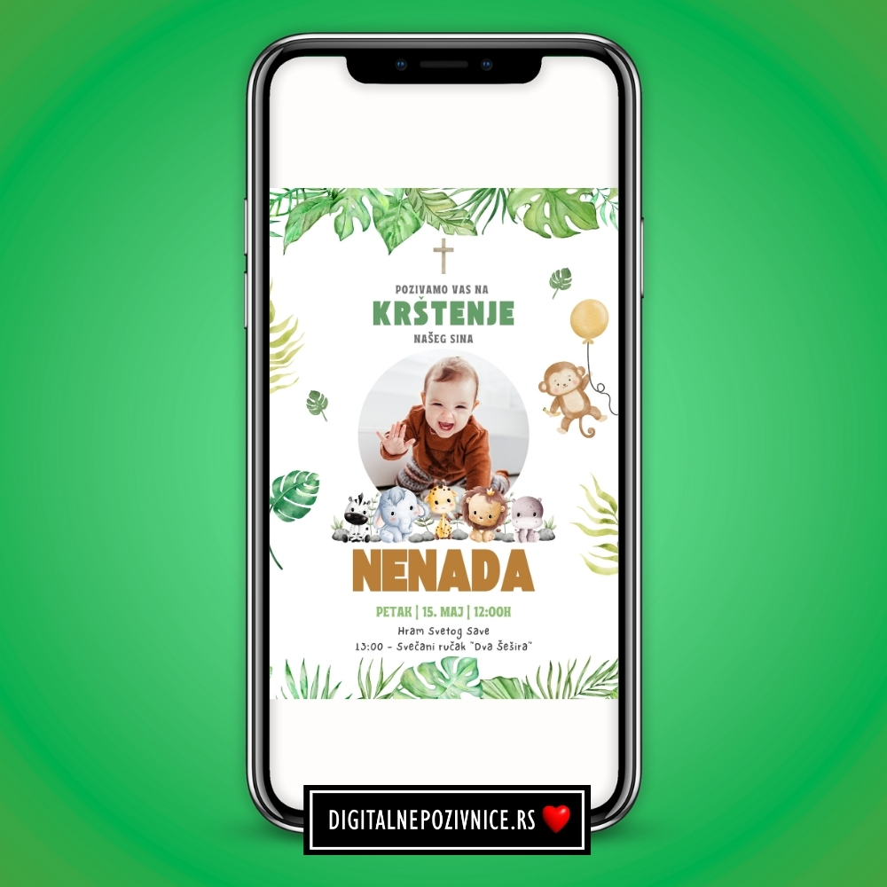 Digitalna pozivnica za krstenje i prvi rodjendan za decake sa slikom deteta zelena