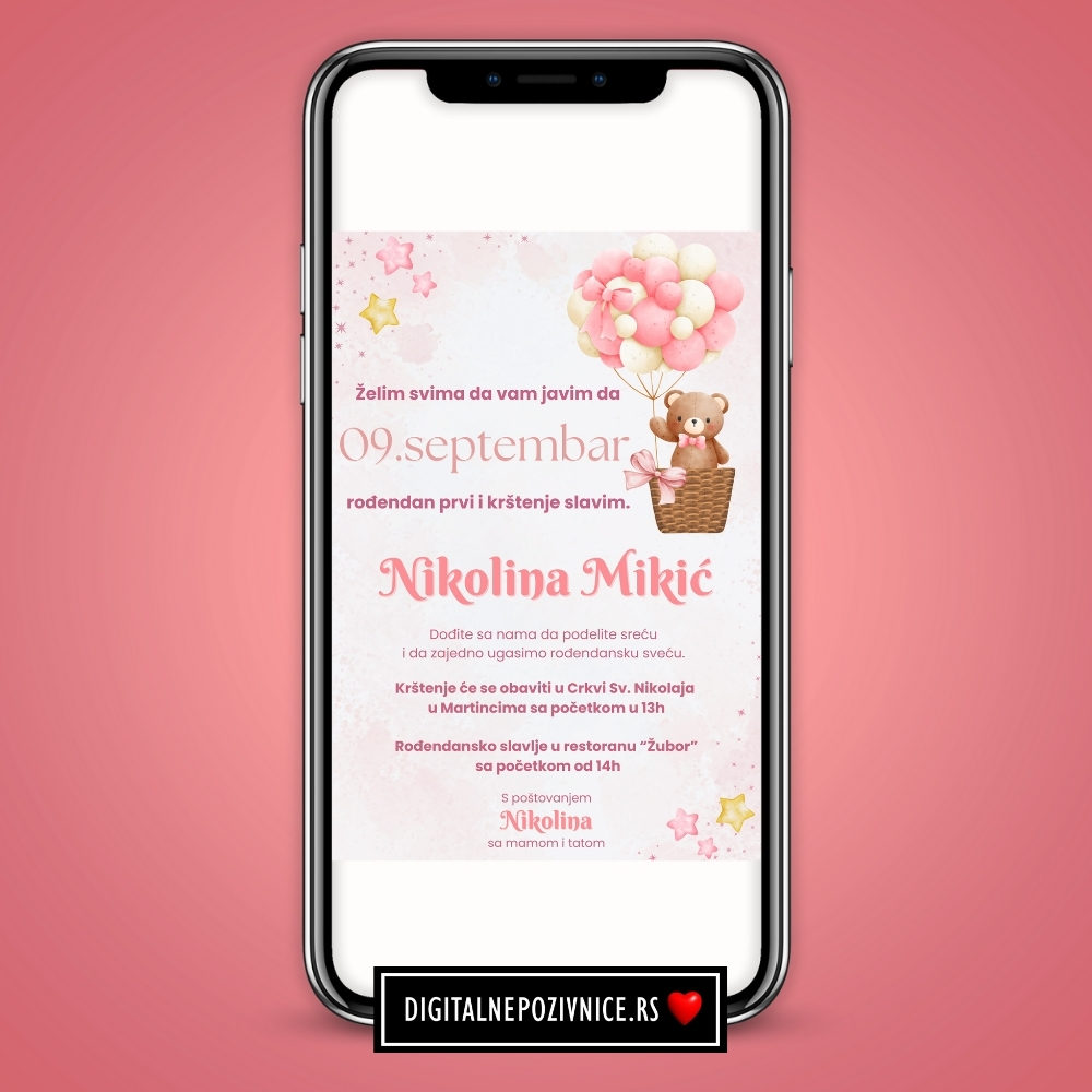Digitalna pozivnica za krstenje i prvi rodjendan za devojcice meda balon roze
