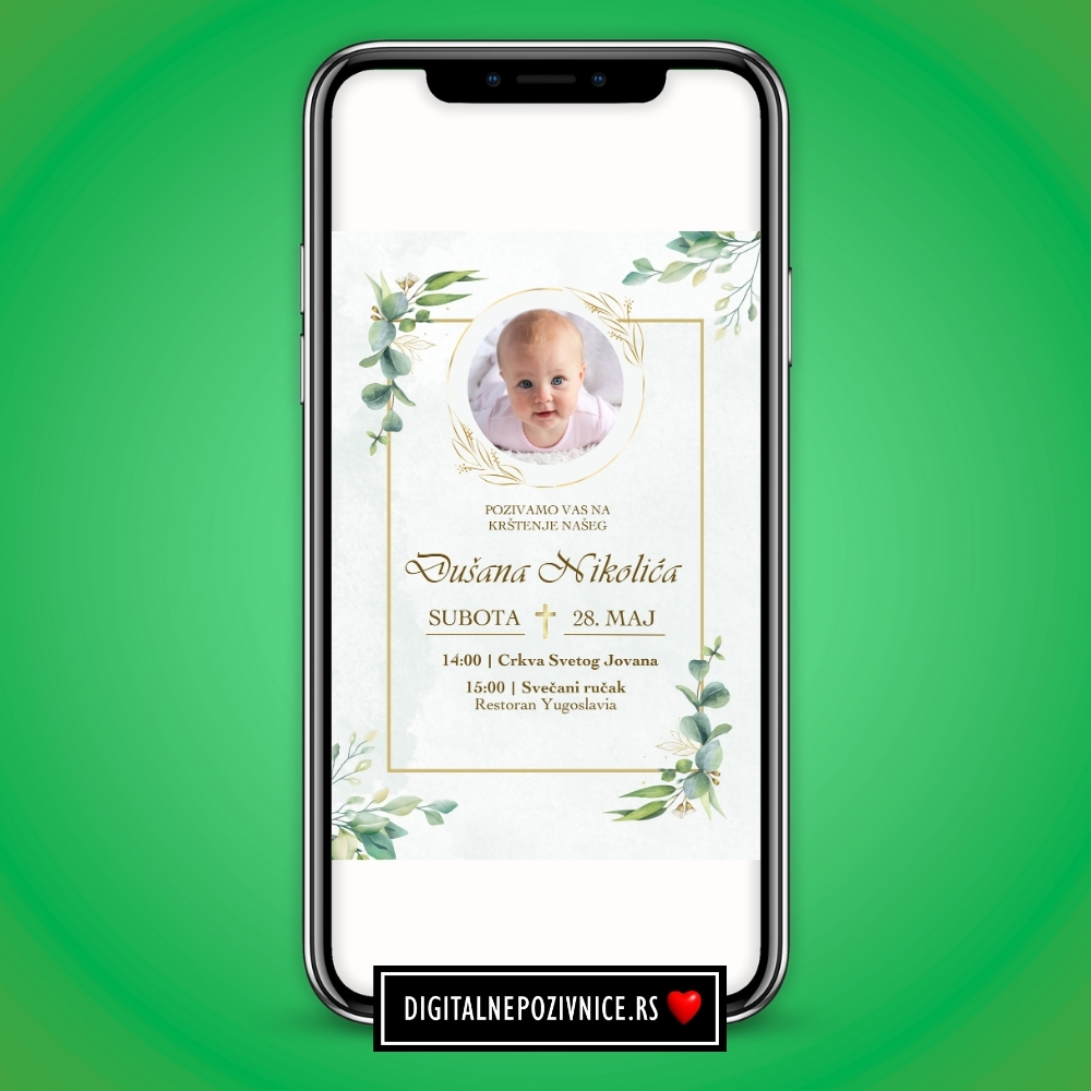 Digitalna pozivnica za krstenje i prvi rodjendan za decake sa slikom deteta zelena