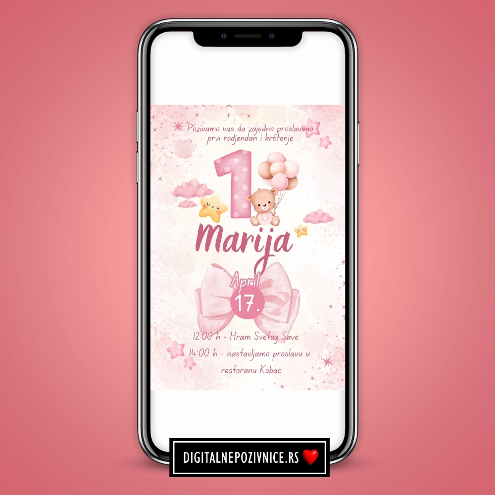 Digitalna pozivnica za krstenje i prvi rodjendan za devojcice meda roze masna