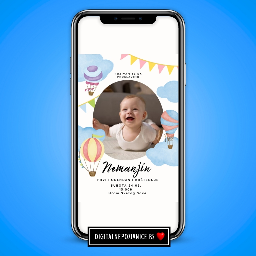 Digitalna pozivnica za krstenje i prvi rodjendan za decake sa slikom deteta i baloni plava