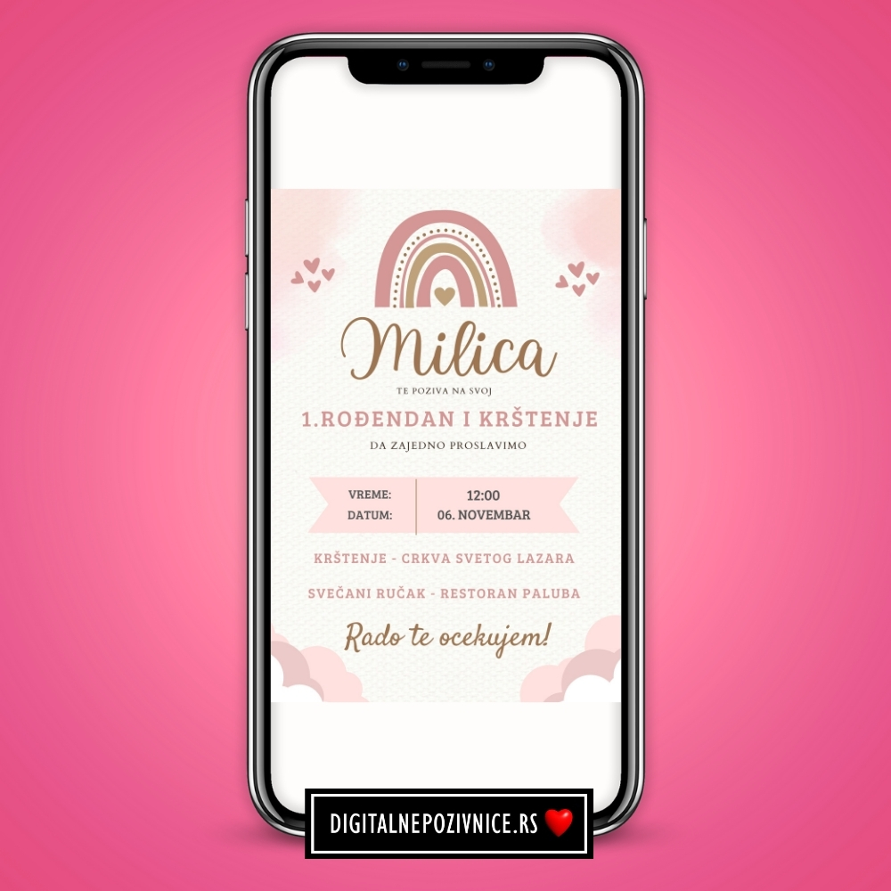 Digitalna pozivnica za krstenje i prvi rodjendan za devojcice roze duga