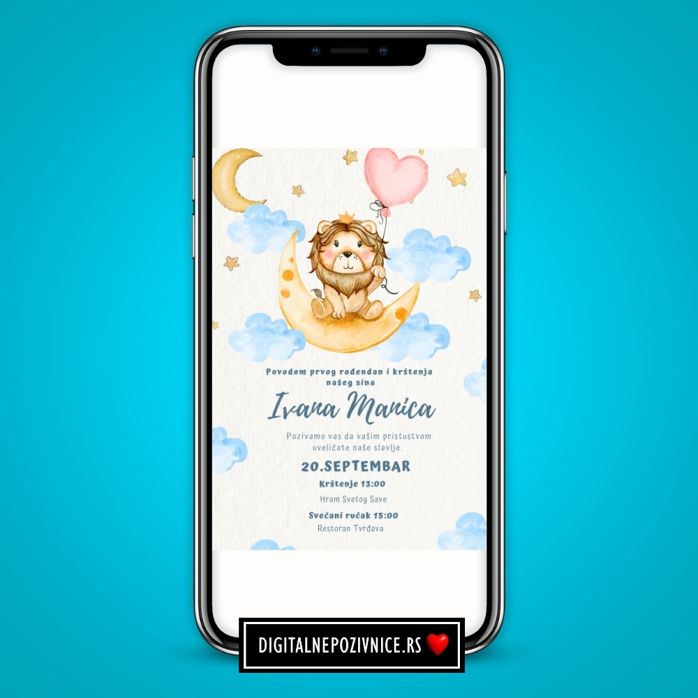 Digitalna pozivnica za krstenje i prvi rodjendan za decake lav i zvezde