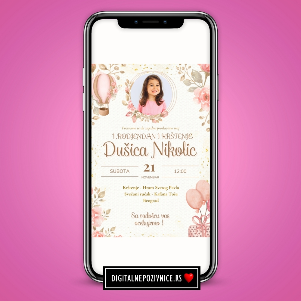 Digitalna pozivnica za krstenje i prvi rodjendan za devojcice sa slikom roze
