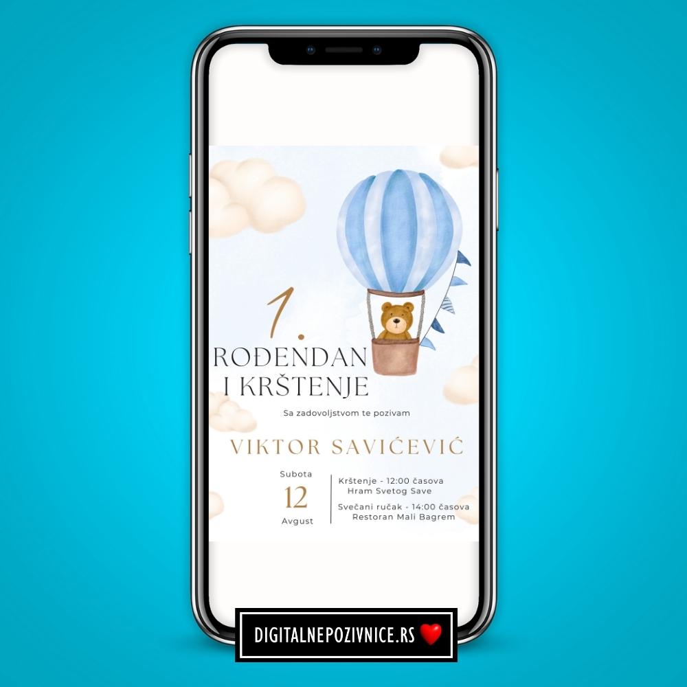 Digitalna pozivnica za krstenje i prvi rodjendan za decake meda u plavom balonu