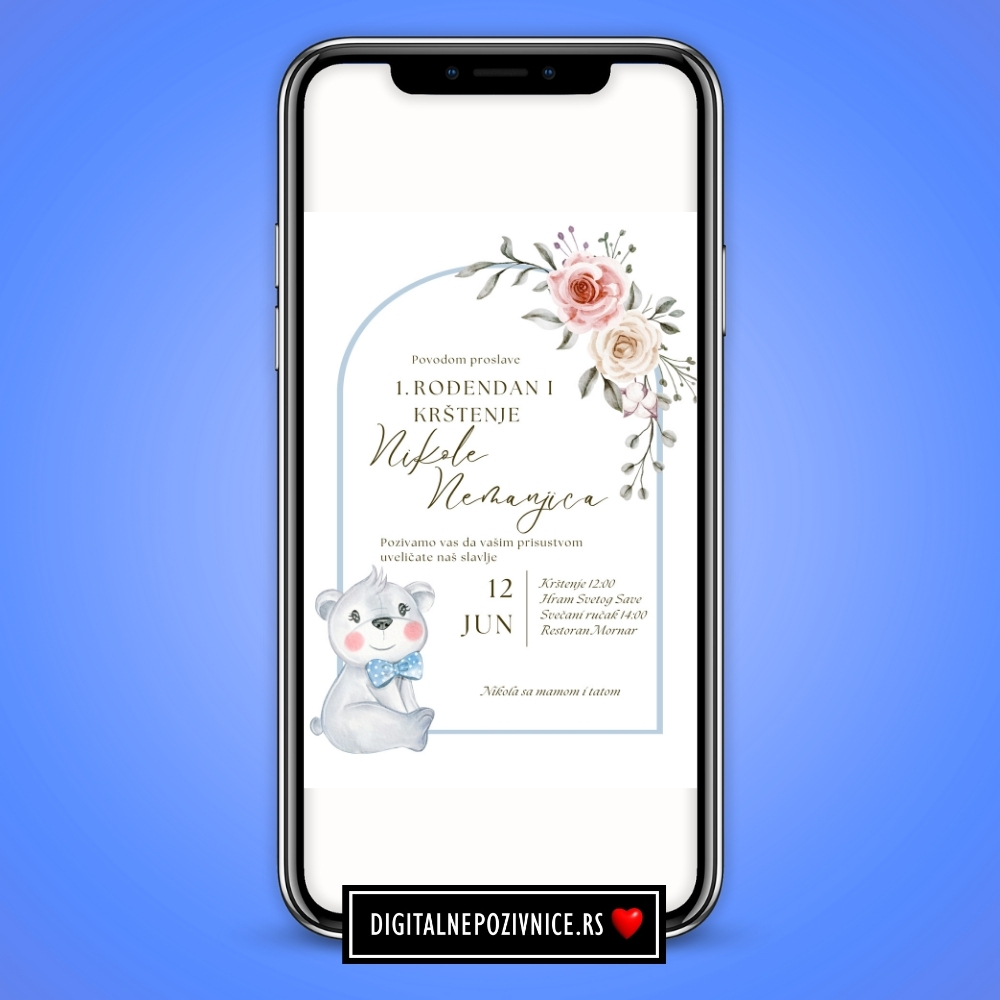 Digitalna pozivnica za krstenje i prvi rodjendan za decake sivi meda