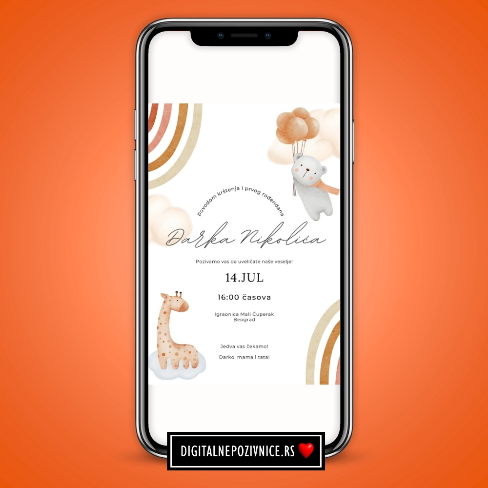 Digitalna pozivnica za krstenje i prvi rodjendan zivotinjice