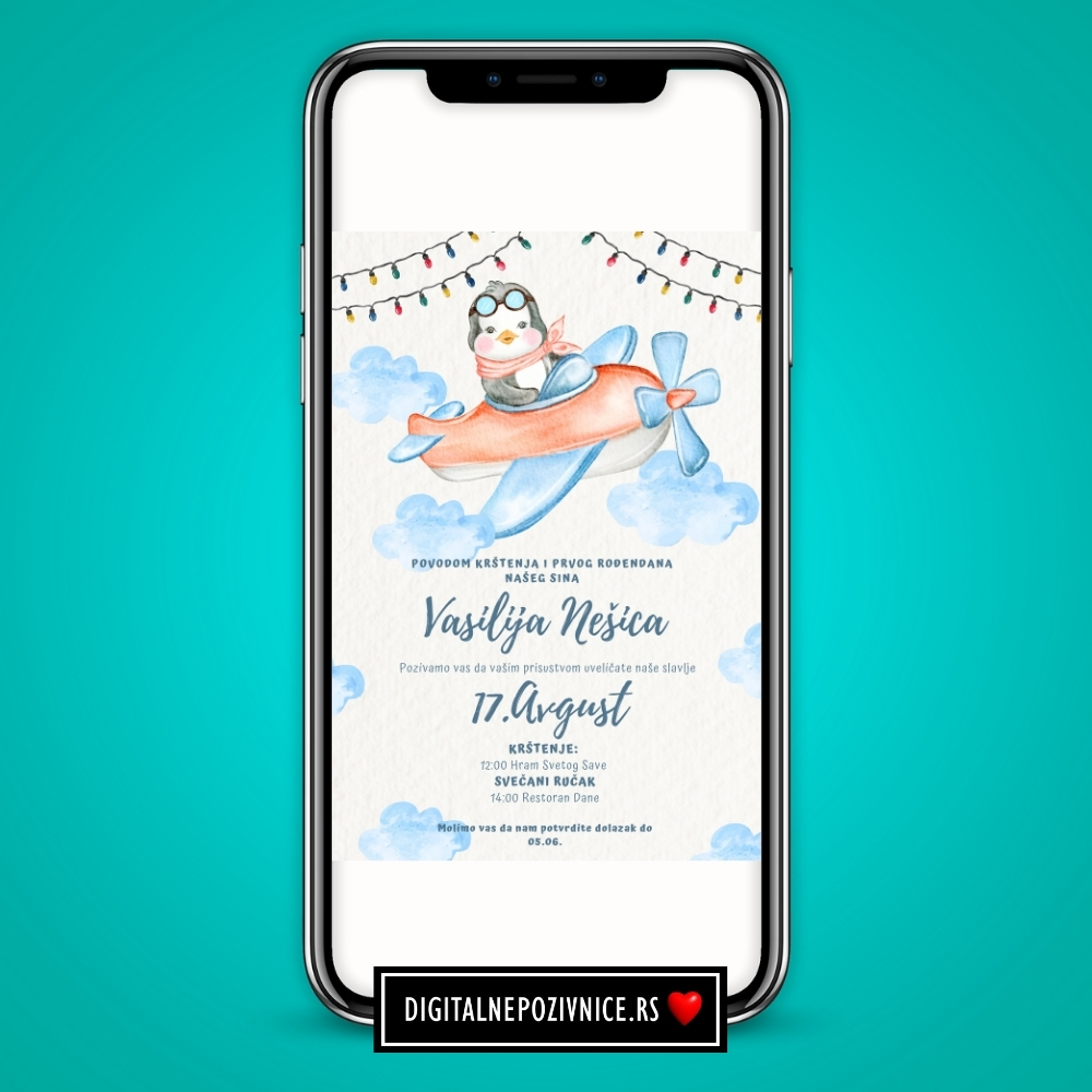 Digitalna pozivnica za krstenje i prvi rodjendan avion i pingvin