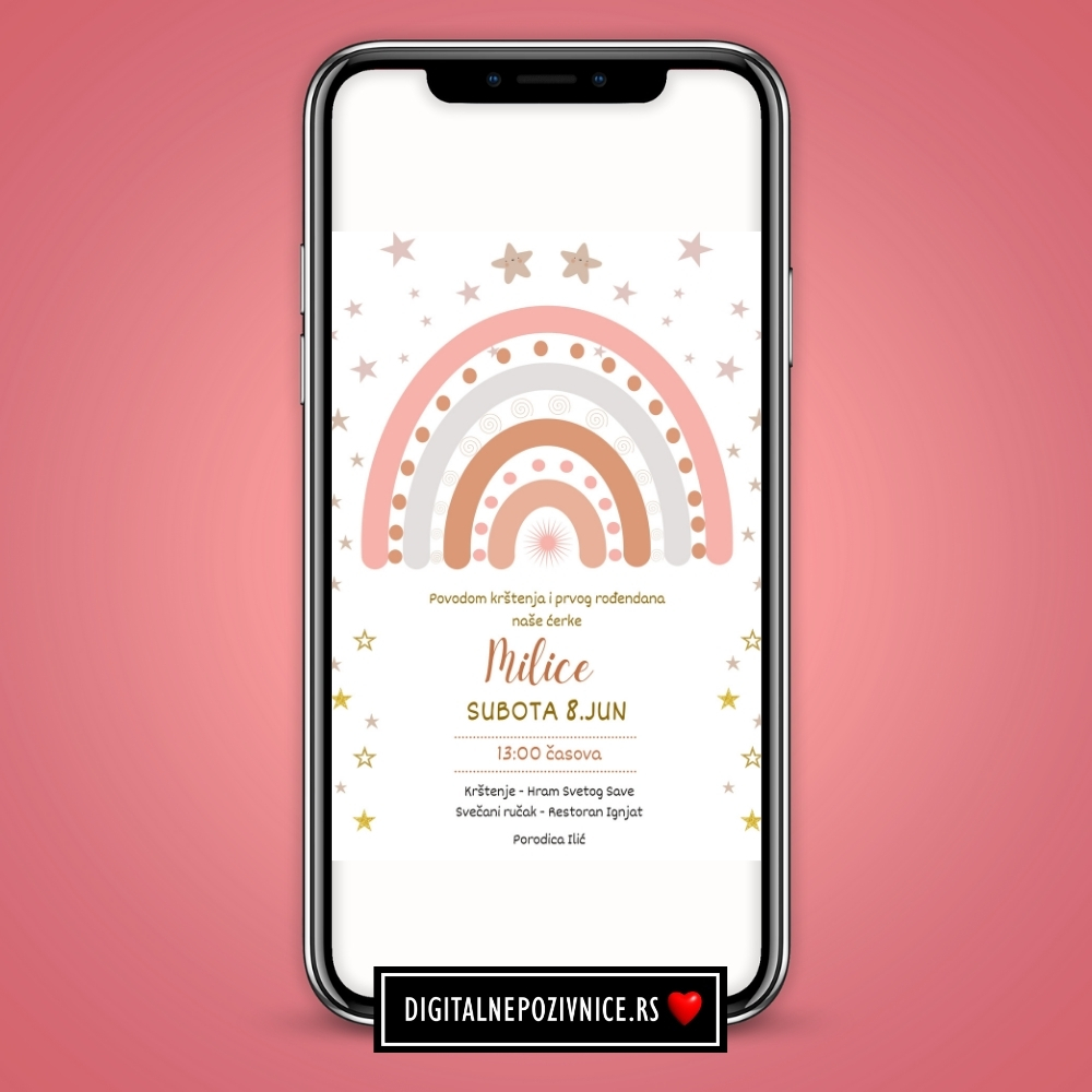 Digitalna pozivnica za krstenje i prvi rodjendan za devojcice duga i srce roze
