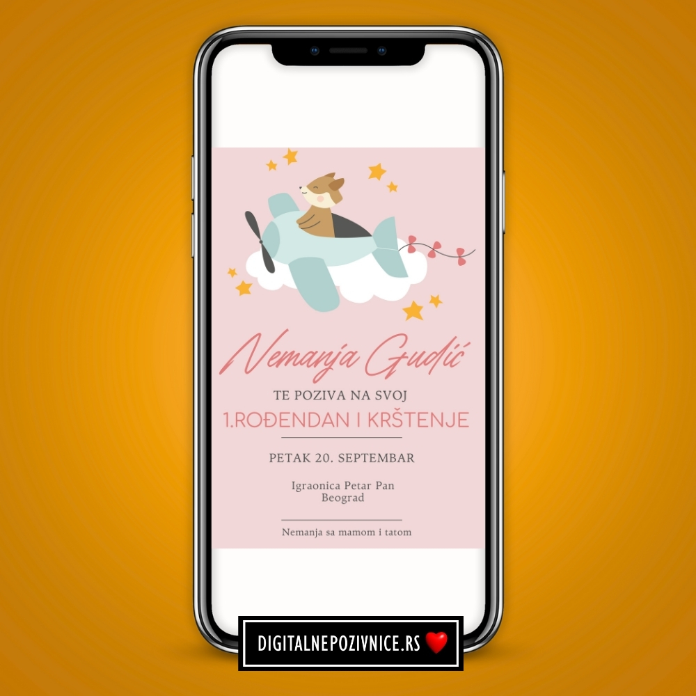 Digitalna pozivnica za krstenje i prvi rodjendan za decake lisica avion