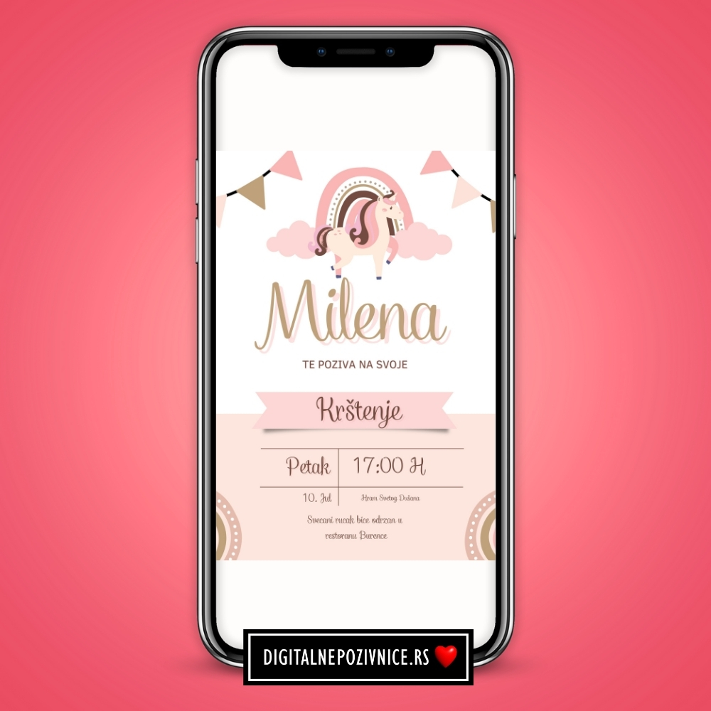 Digitalna pozivnica za krstenje i prvi rodjendan za devojcice jednorog roze