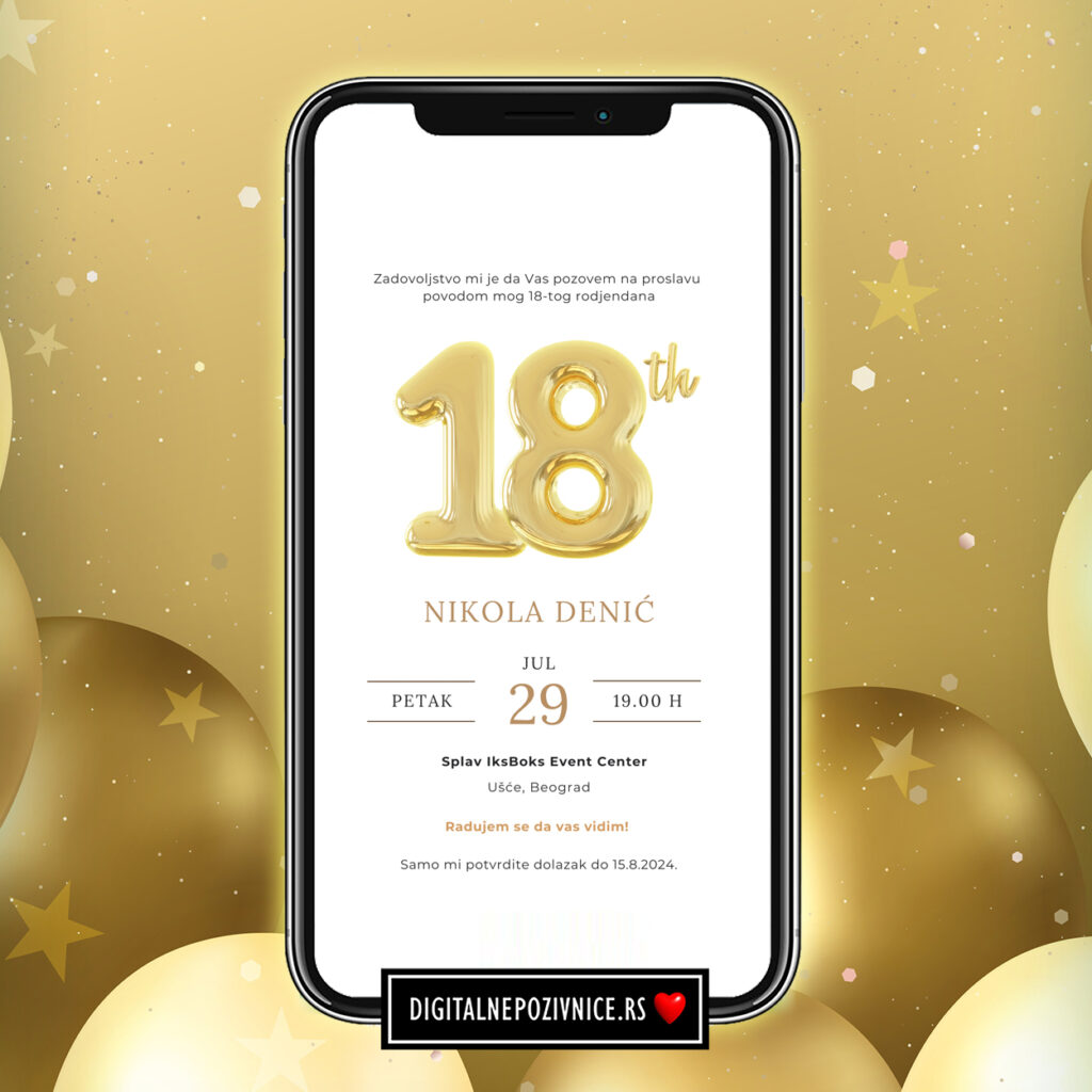 Digitalna pozivnica za 18. rodjendan moderna zlatno bez