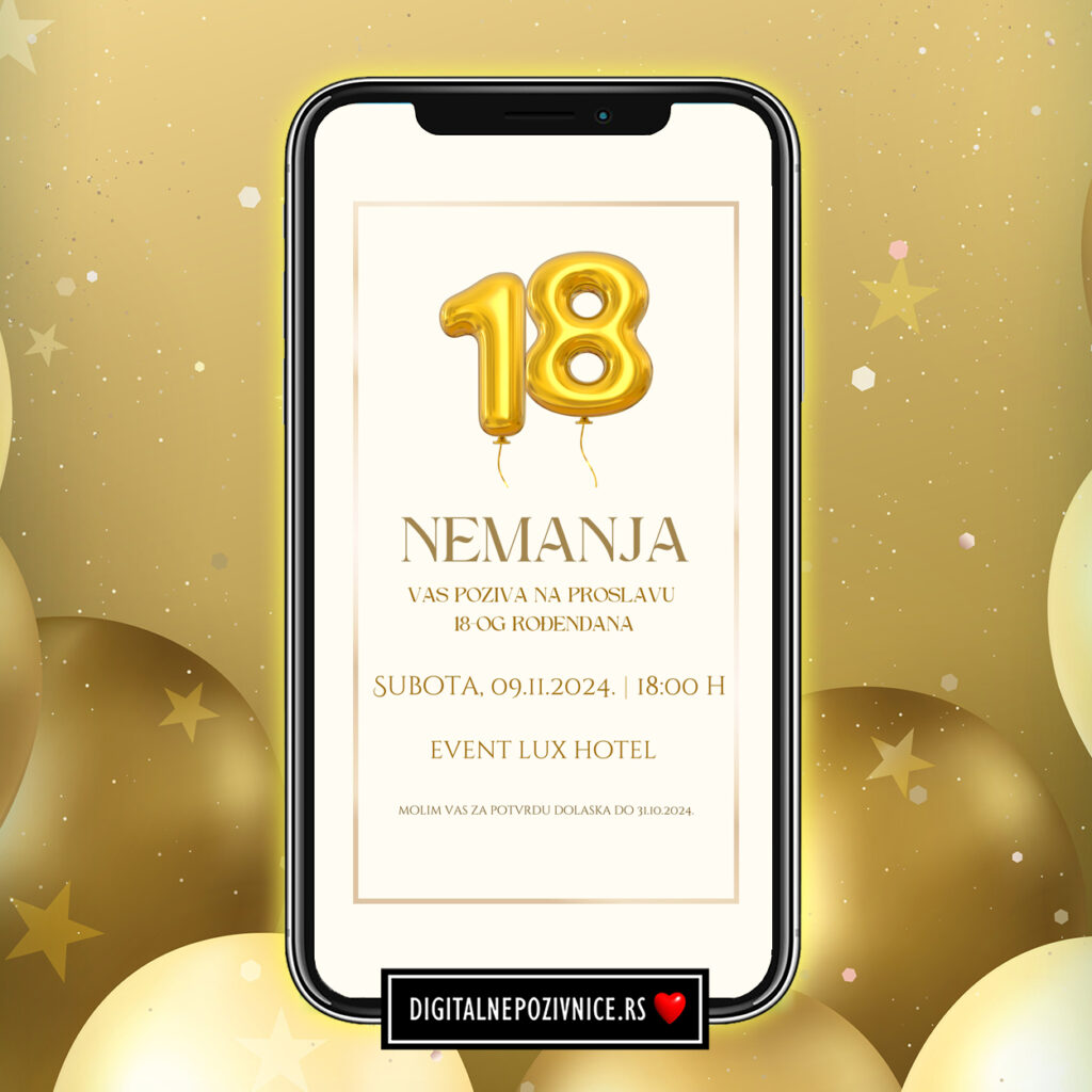 Digitalna pozivnica za 18. rodjendan moderna zlatni baloni