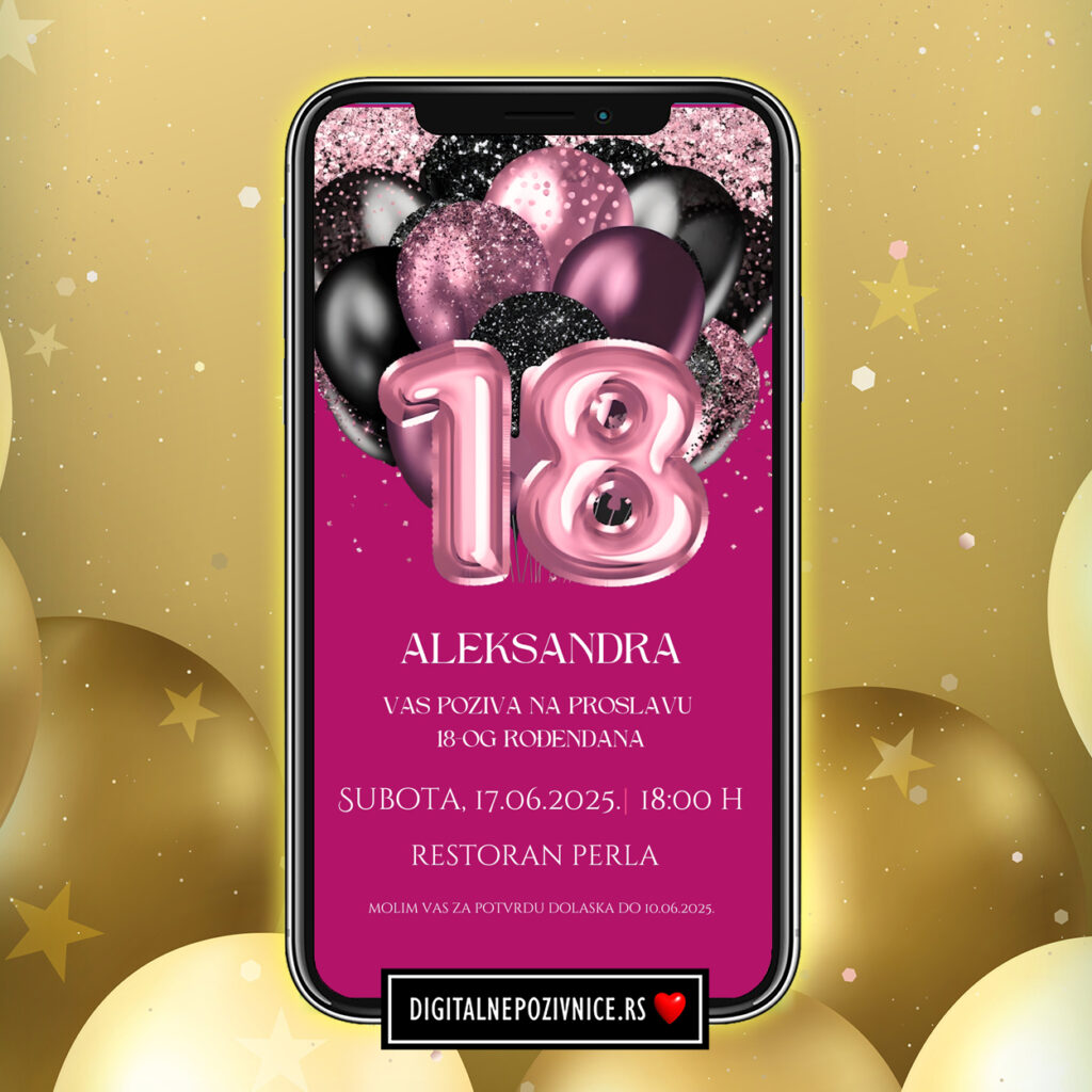 digitalna pozivnica za 18. rodjendan baloni roze